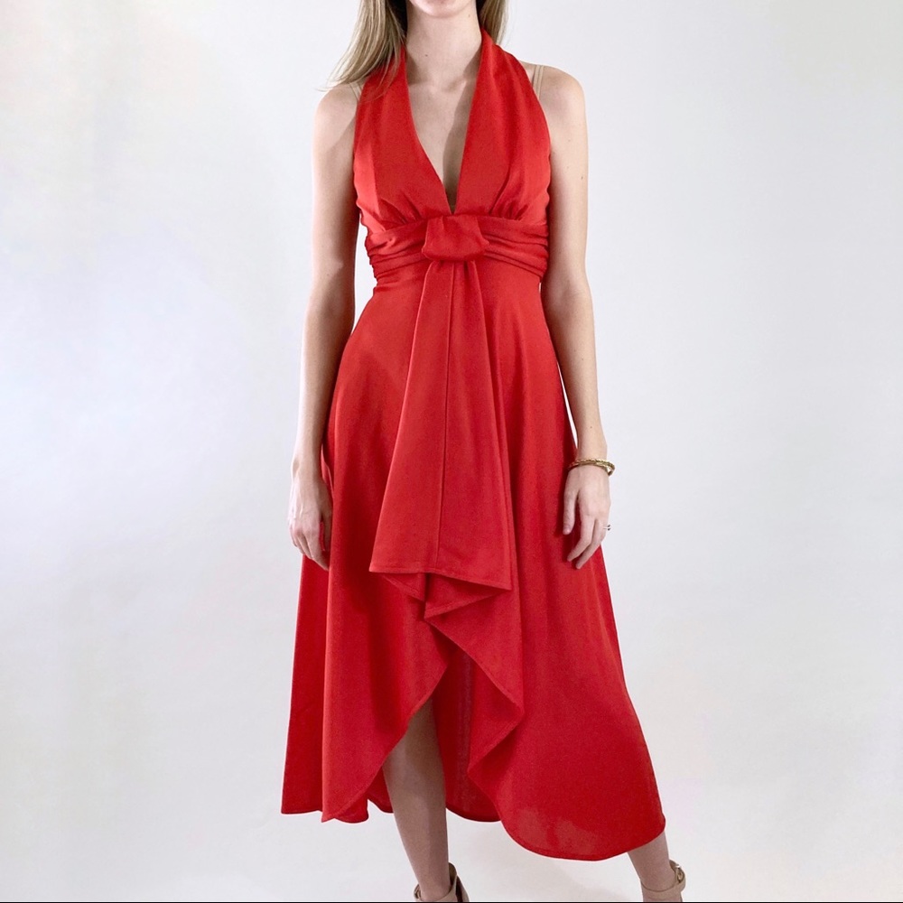 70s Vintage Red Gathered Halter Disco Gown